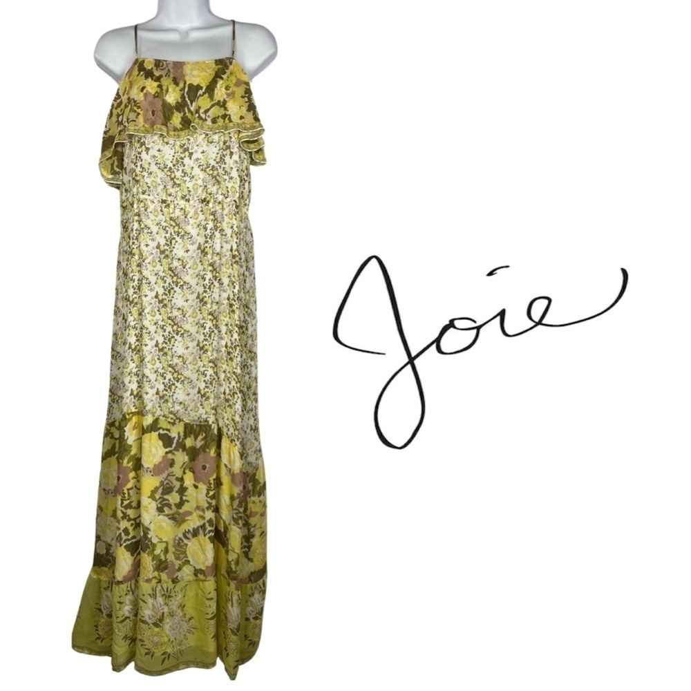 Joie 100% Silk Floral Maxi Dress Yellow Green Ruffle Boho Spaghetti Strap -Small